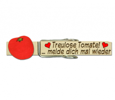 Holzwäscheklammer mit Beschriftung und einer roten Tomate