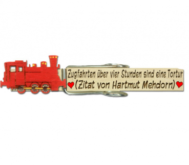 Klammer bedruckt mit einer handbemalten roten Dampflokomotive