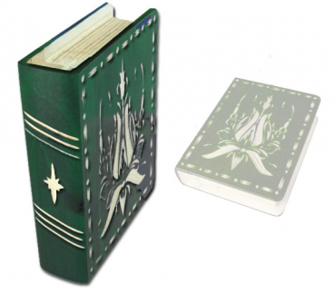 Buch-Trick-Box dunkelgrün mit Schnitzereien