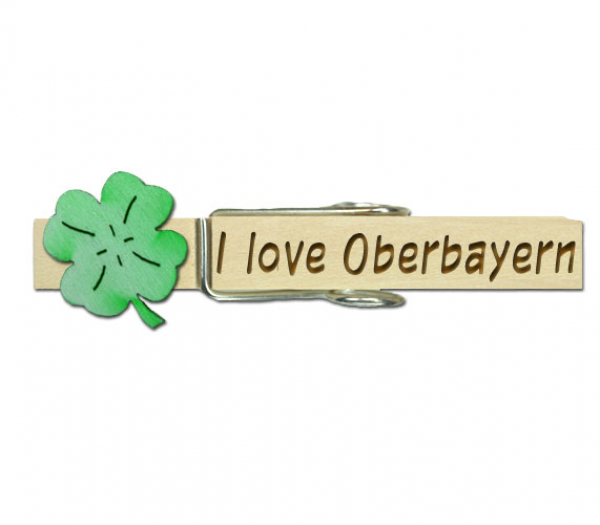 Holzklammern mit Beschriftungen und einem grünen Holzglücksklee