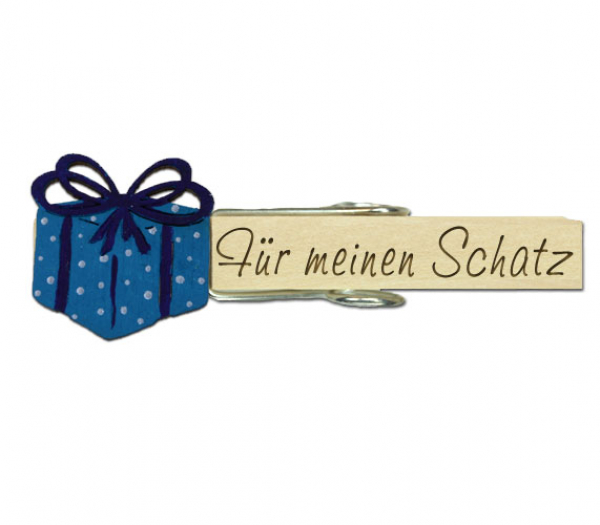 Glupperl mit einem Geschenk-Päckchen in blau