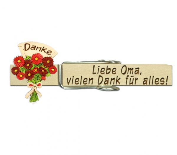 Holzwäscheklammer mit roten Blumen und Danke