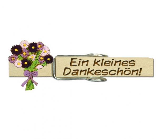 Holzwäscheklammer mit einem lila Blumenstrauß