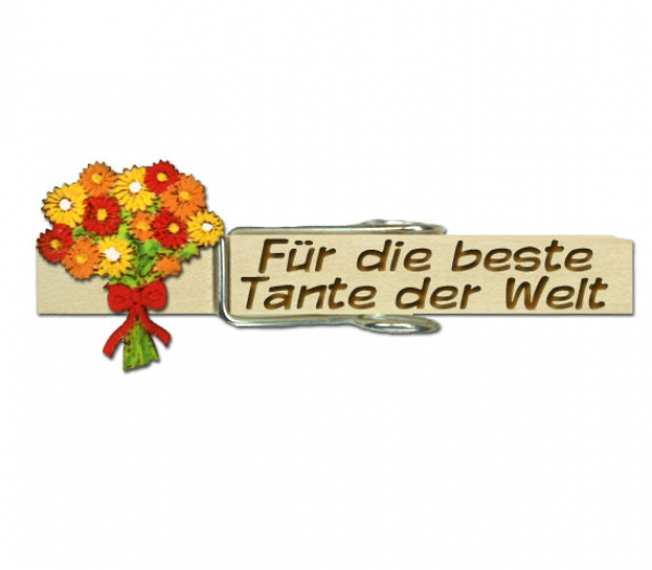 Holzwäscheklammer mit Beschriftung und einem orangen Blumenstrauß