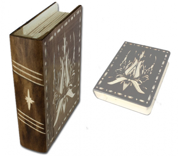 Buch-Trick-Box dunkelbraun mit Schnitzereien