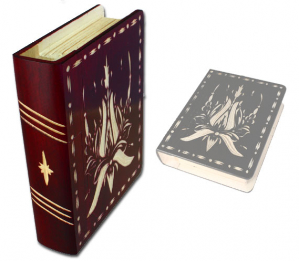 Buch-Trick-Box weinrot mit Schnitzereien