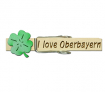 Holzklammern mit Beschriftungen und einem grünen Holzglücksklee