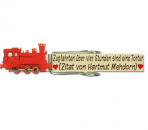 Klammer bedruckt mit einer handbemalten roten Dampflokomotive